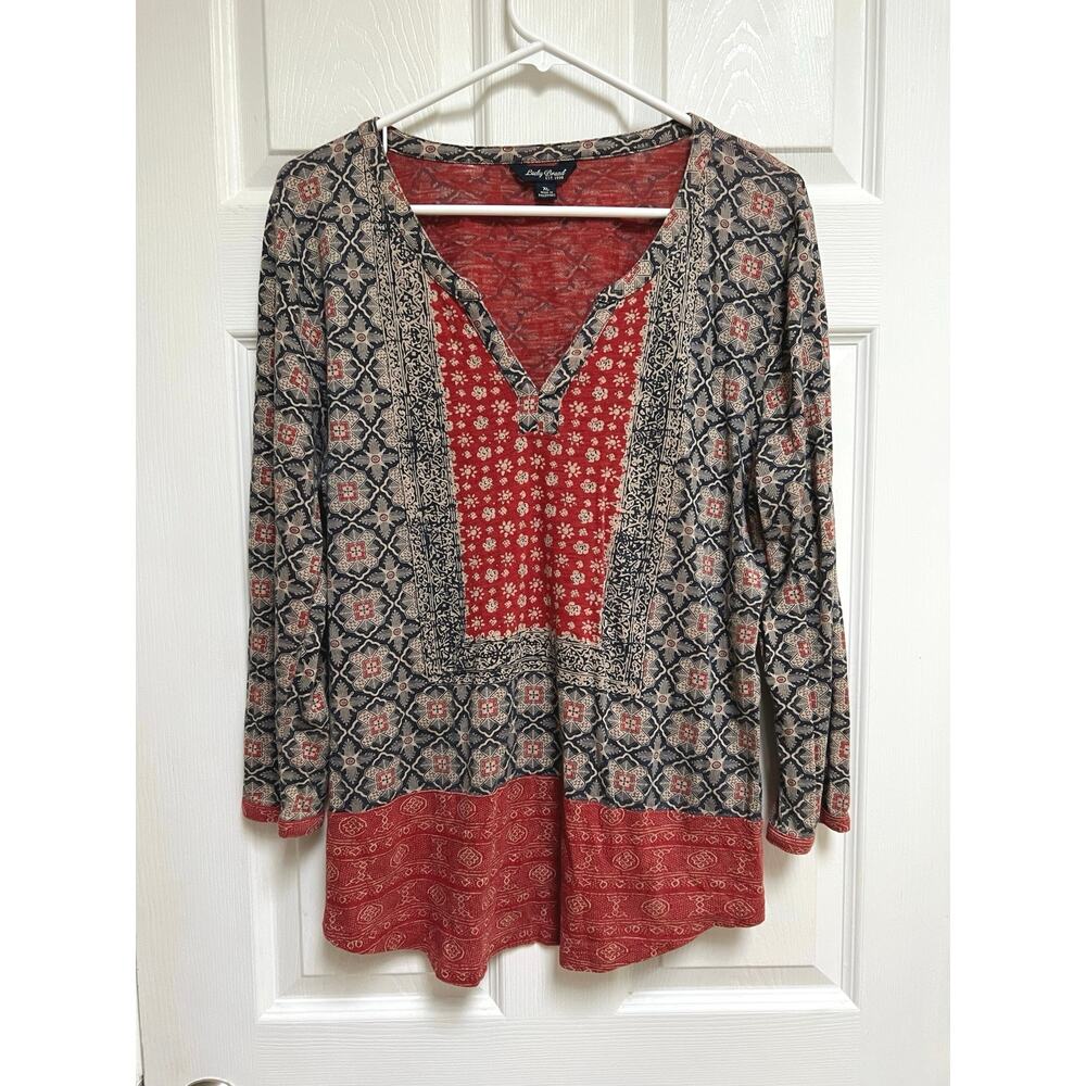Lucky Brand Red and Blue Cotton Boho Patterned Flowy Long Sleeve Top